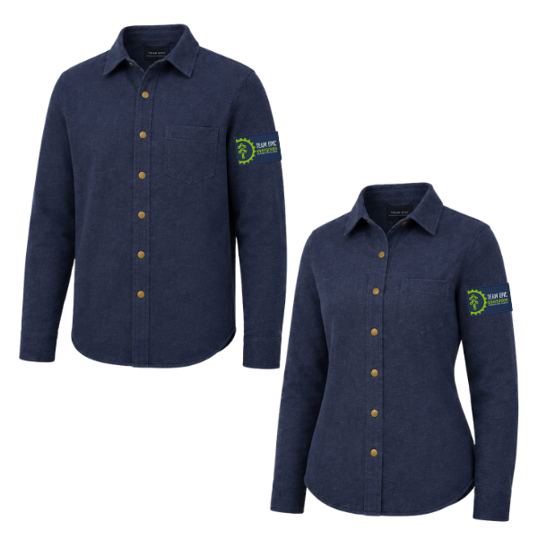 The 2026 Team Epic overshirt in blue, men's and women's cuts, patch on the sleeve