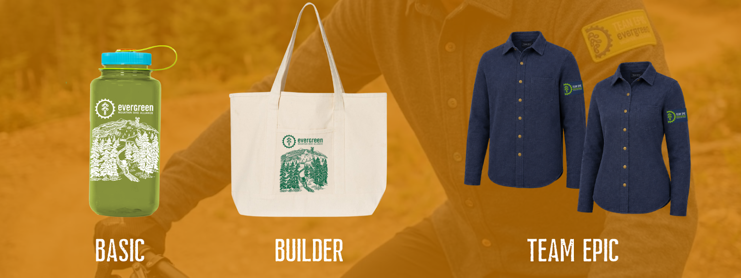 The 2026 member gifts by level. Basic: Nalgene bottle. Builder: canvas tote. Team Epic: overshirt.